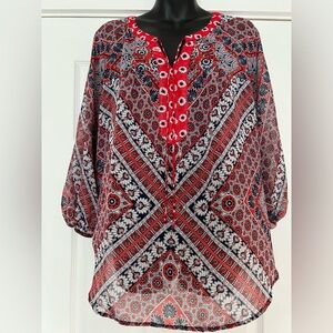 New Directions Red and Blue Bohemian Blouse With Cream Lace Accents